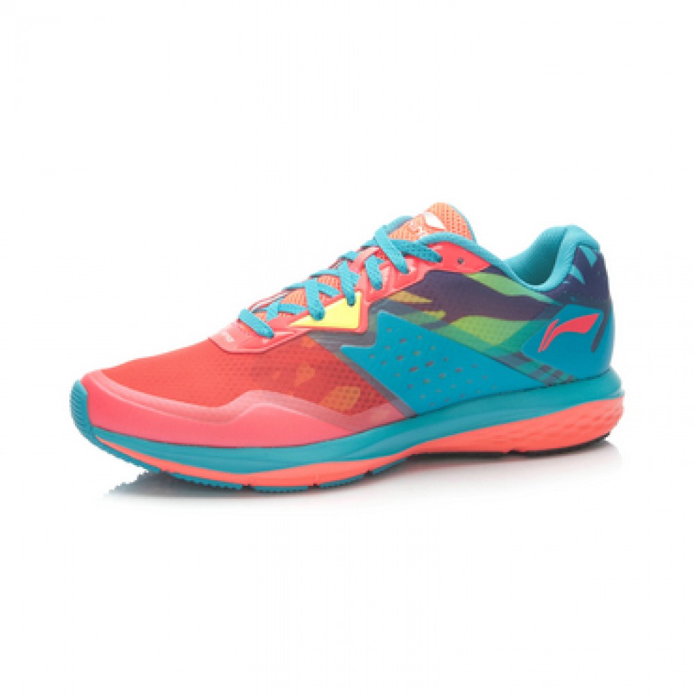 Li-Ning Women's Second Generation Damping Running Shoes-Bright Fluorescent Green/Butterfly Blue/Bright Fluorescent Red 