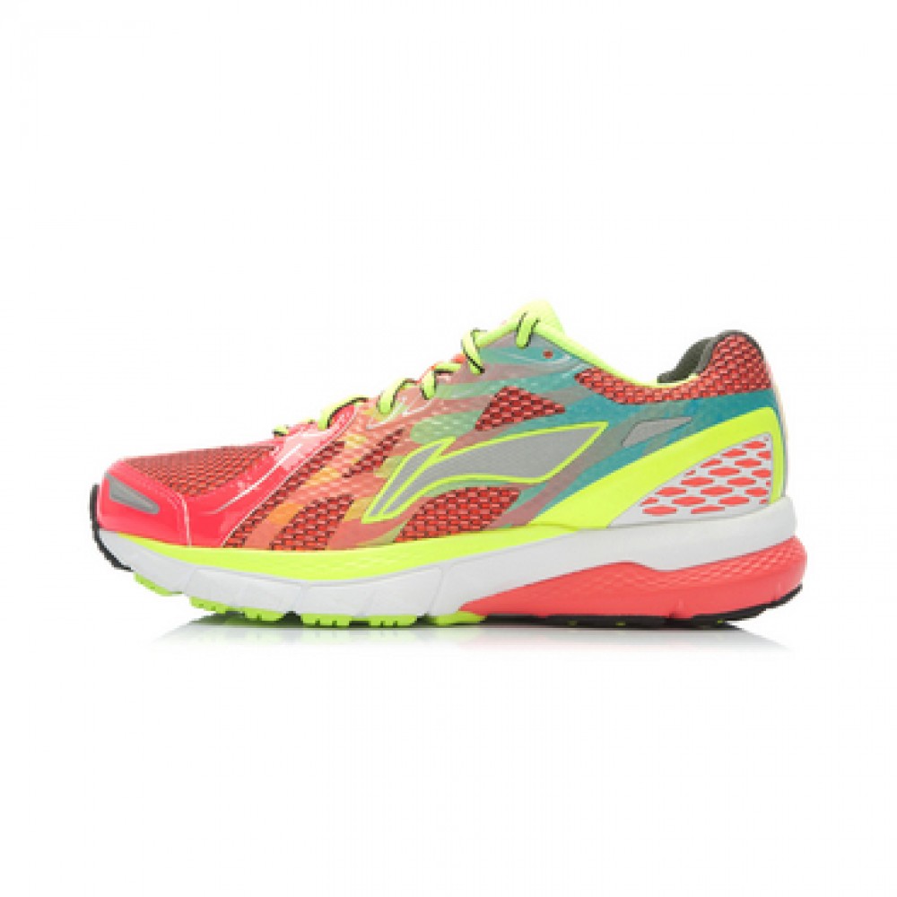Li-Ning Women's High-Tech Damping Stability Running Shoes-Bright Fluorescent Red/Bright Fluorescent Green/White 