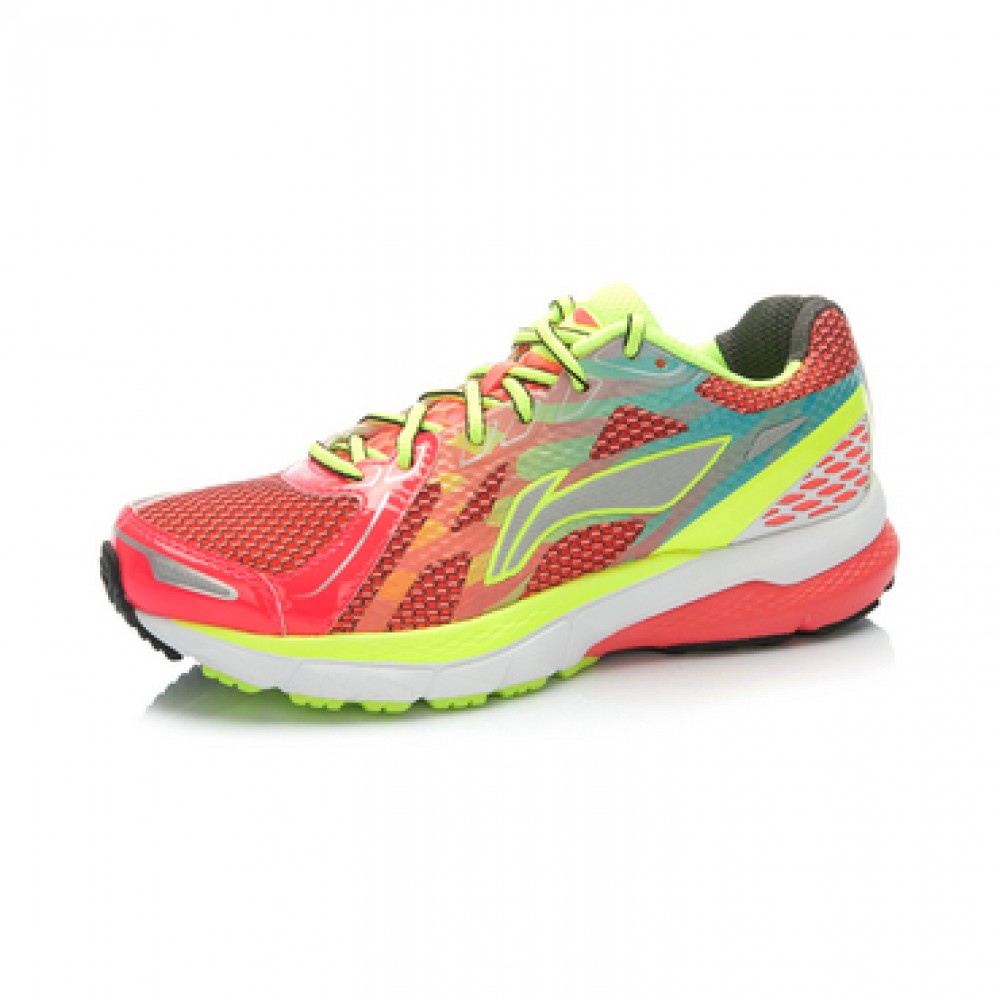 Li-Ning Women's High-Tech Damping Stability Running Shoes-Bright Fluorescent Red/Bright Fluorescent Green/White 