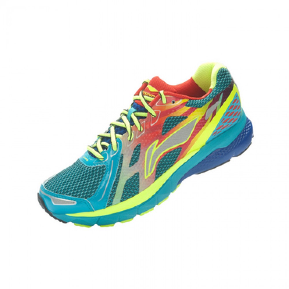 Li-Ning Men's High-Tech Damping Stability Running Shoes - Bright Fluorescent Green/Butterfly Blue/Bright Red 